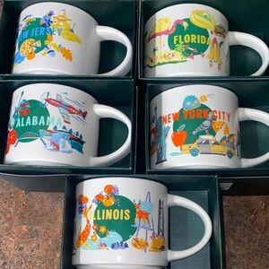 5 Starbucks State-Themed Ceramic Coffee Mugs - White with Multicolor Design